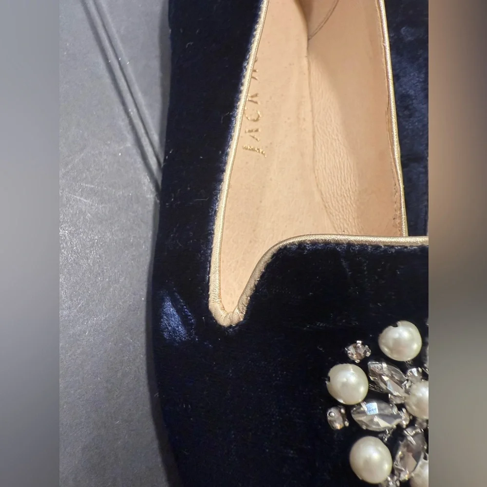 Jack Rogers Jeweled Rondelle Loafer Sz 6 Blue Velvet Rhinestone Pearl Stunning - Picture 9 of 10